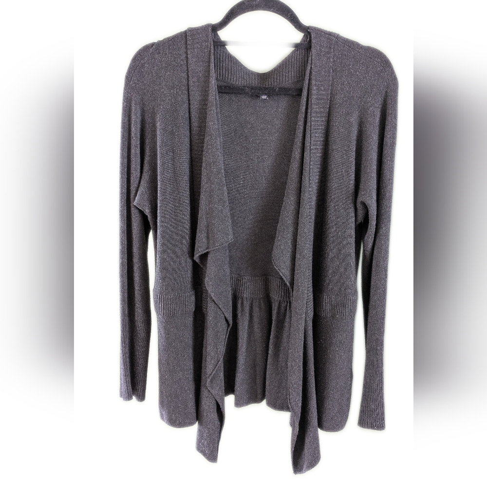 Eileen Fisher Cozy Viscose Stretch Knit Open Waterfall Cardigan Dark Charcoal M